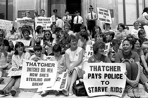 Welsh Office, Cardiff - 30 July 1984. Women and children demonstrating against £15 being deducted  from striking miners benefit in lieu of strike pay (which was not being paid).