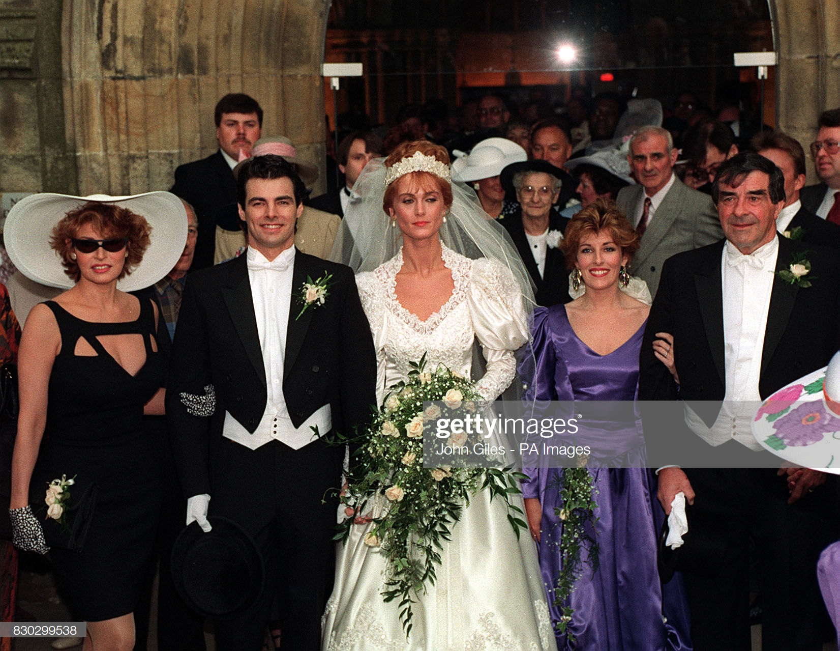 Bride Rebecca Trueman with her husband Damon, his mother Raquel Welch, the bride's father Fred Truman, and sister Karen, at Bolton Abbey. *According to a report Karen Trueman has split up with her husband John after discovering that he was having an affair with her best friend. (Photo by John Giles - PA Images/PA Images via Getty Images)